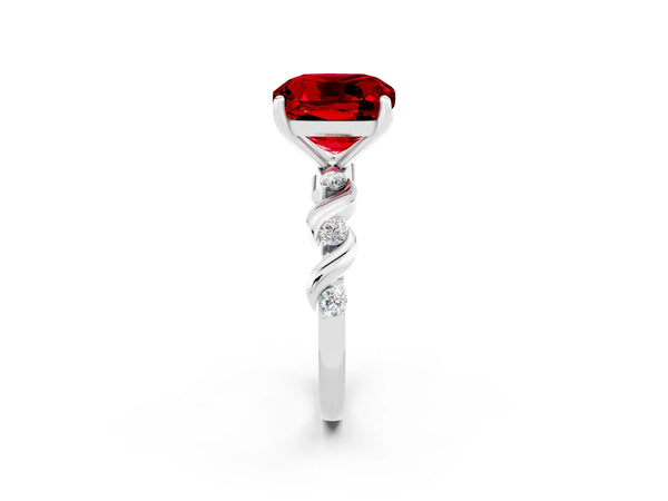 Silver Cushion Cut Ruby Solitaire Twisted Band with Round  Accents and Prong Setting