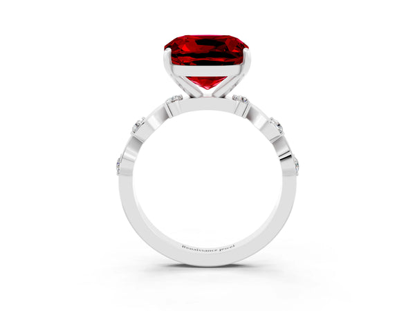 White gold Cushion Cut Ruby Solitaire Twisted Band with Round  Accents and Prong Setting