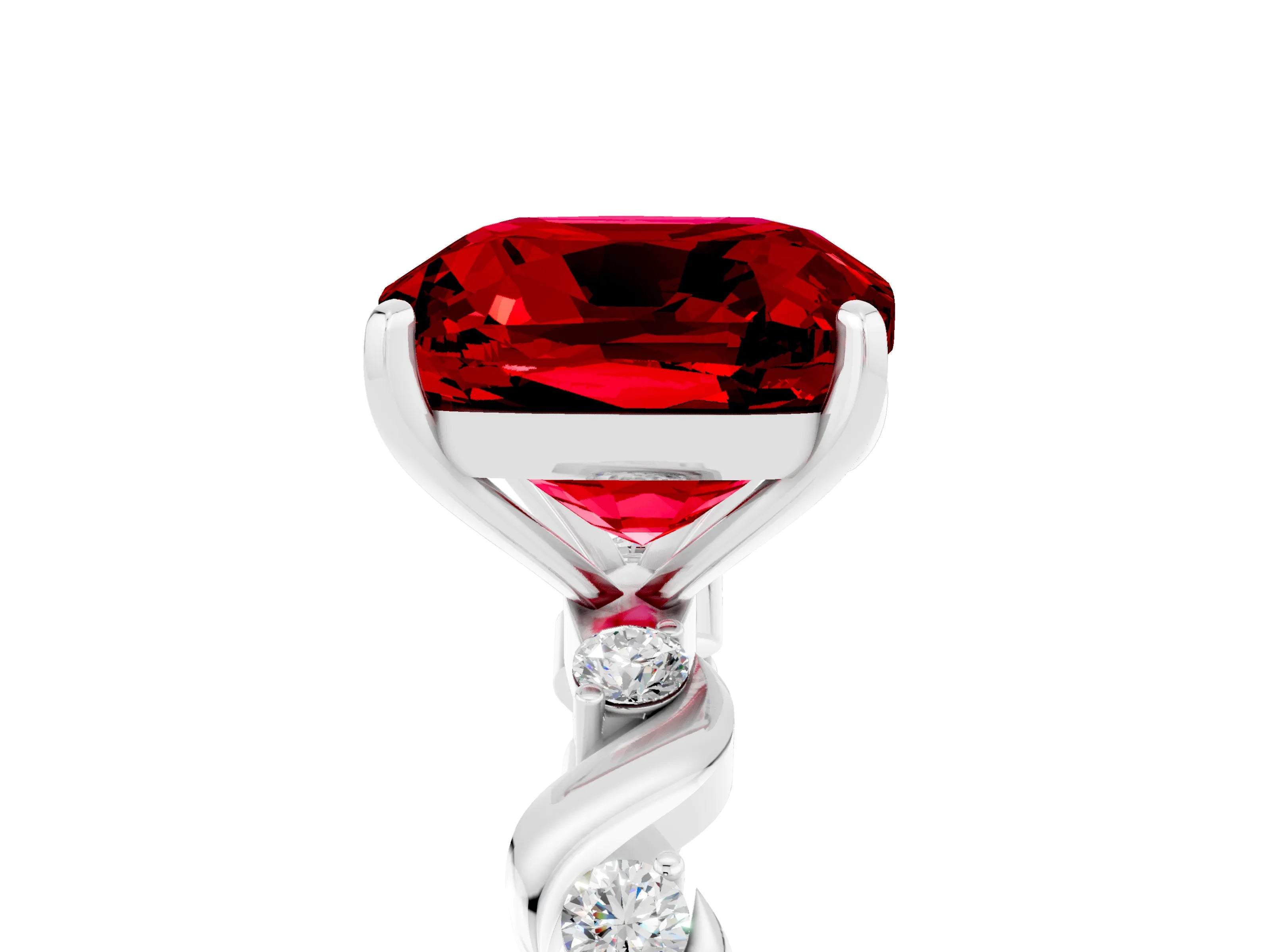 White gold Cushion Cut Ruby Solitaire Twisted Band with Round  Accents and Prong Setting_17
