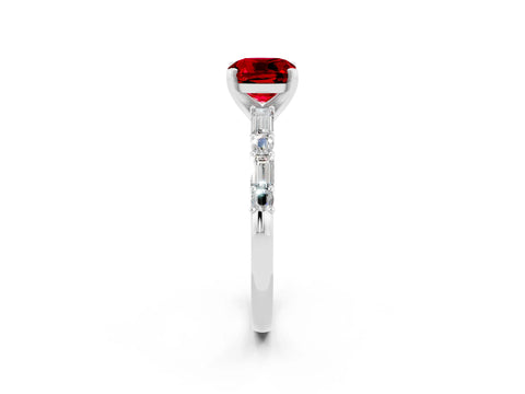 White gold Cushion Cut Ruby Solitaire with Side Baguettes and Channel Set Band_2