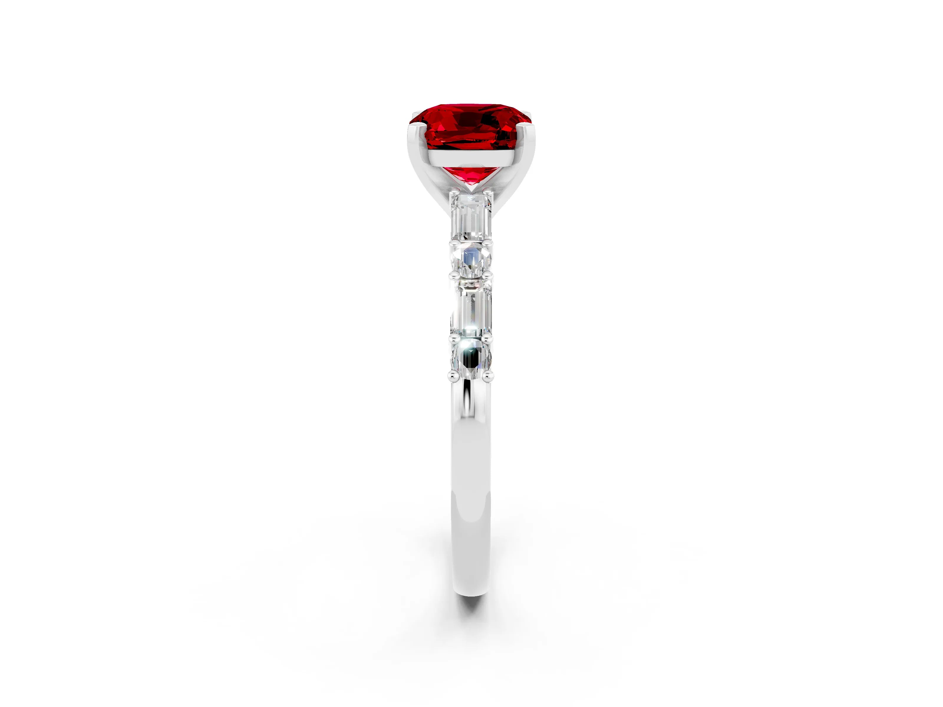 White gold Cushion Cut Ruby Solitaire with Side Baguettes and Channel Set Band_2