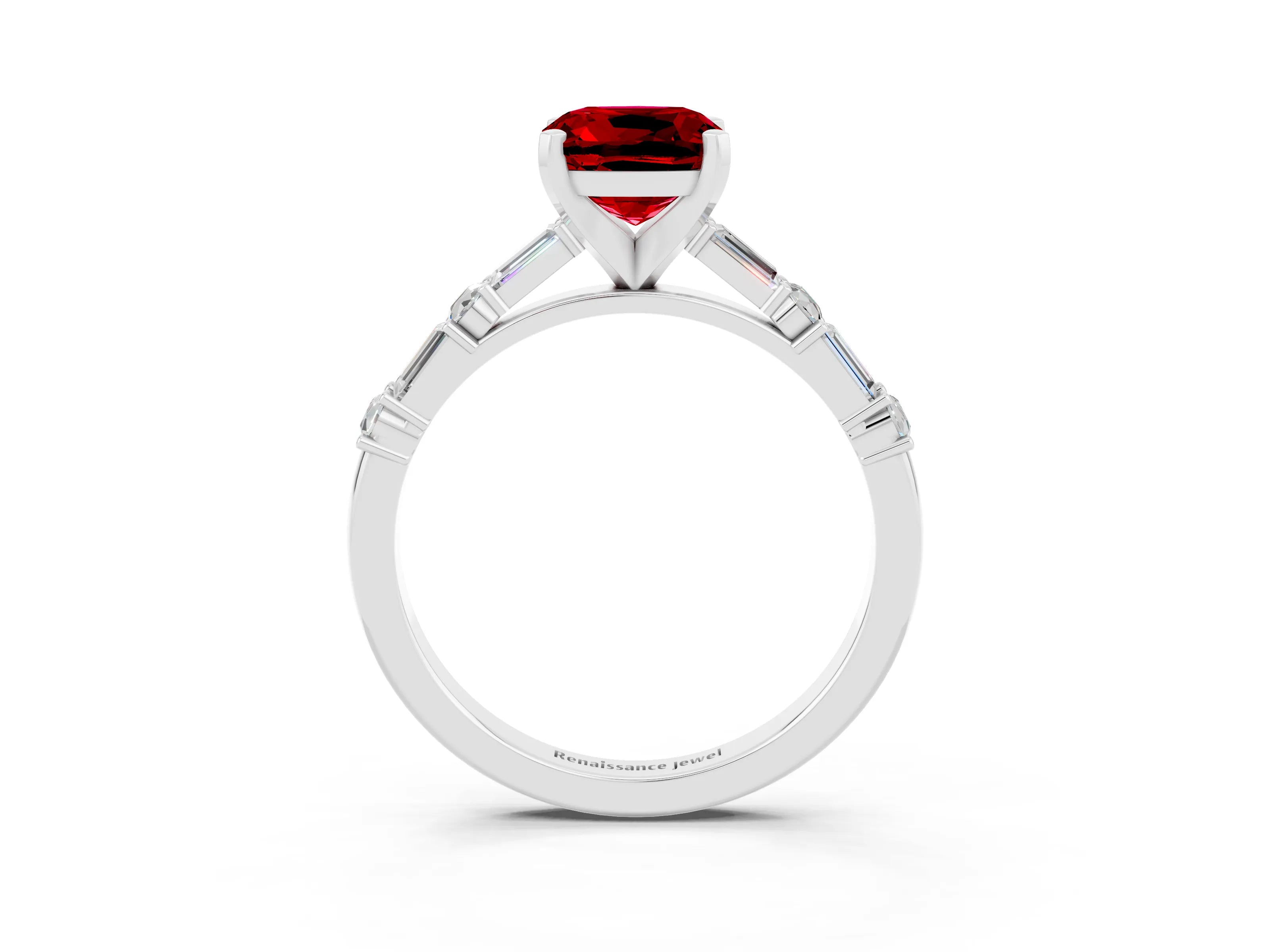 White gold Cushion Cut Ruby Solitaire with Side Baguettes and Channel Set Band_3