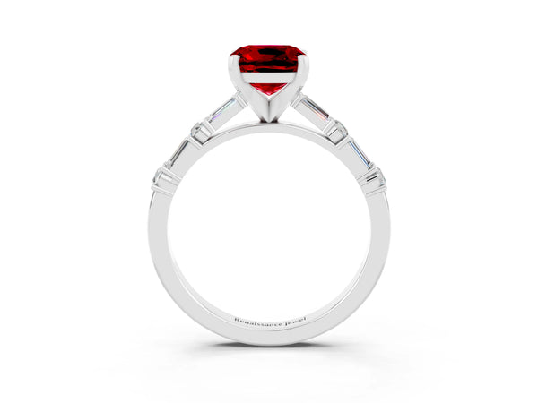 Platinum Cushion Cut Ruby Solitaire with Side Baguettes and Channel Set Band