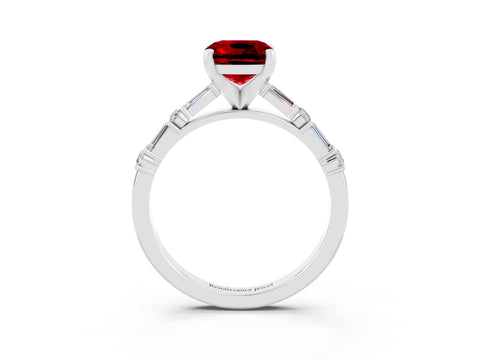 White gold Cushion Cut Ruby Solitaire with Side Baguettes and Channel Set Band_3