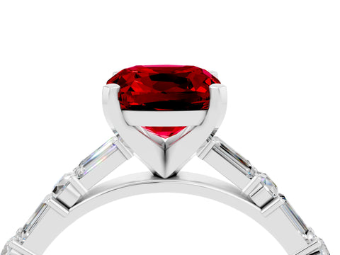 White gold Cushion Cut Ruby Solitaire with Side Baguettes and Channel Set Band_4