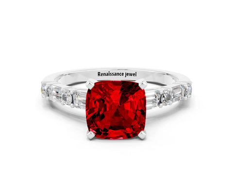 White gold Cushion Cut Ruby Solitaire with Side Baguettes and Channel Set Band