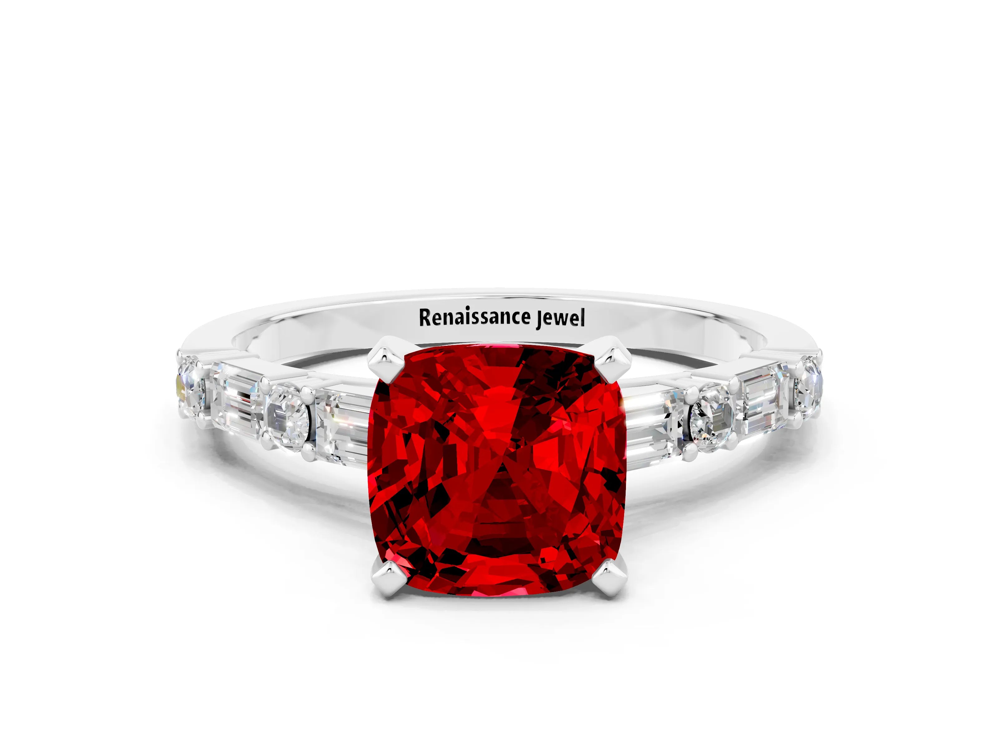 White gold Cushion Cut Ruby Solitaire with Side Baguettes and Channel Set Band