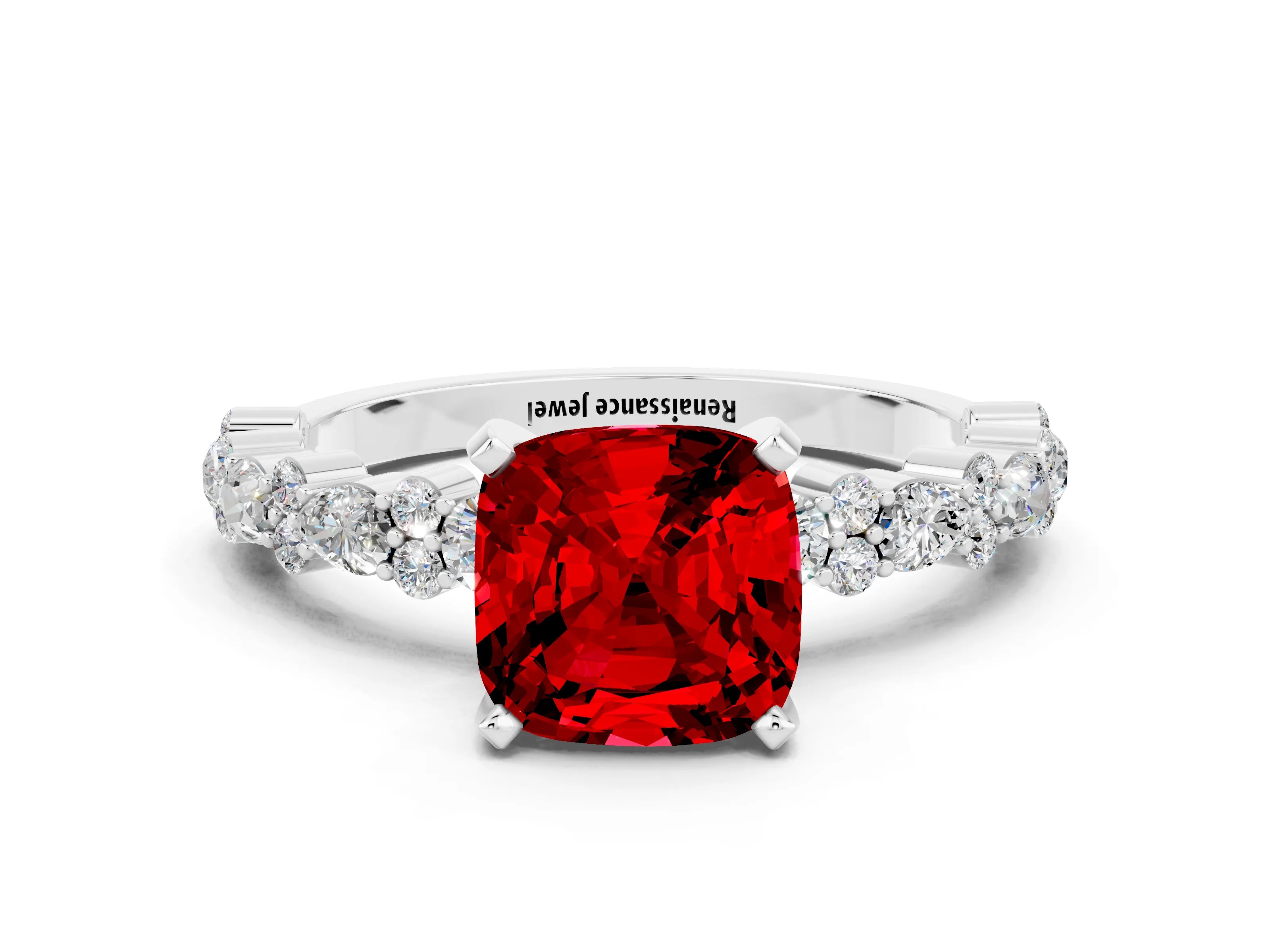 White gold Cushion Cut Ruby Solitaire with Side Stones, Pave Band, Four-Prong Setting_12