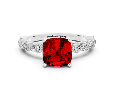 White gold Cushion Cut Ruby Solitaire with Side Stones, Pave Band, Four-Prong Setting_12