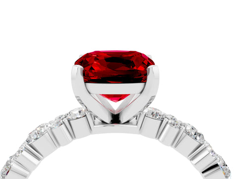 White gold Cushion Cut Ruby Solitaire with Side Stones, Pave Band, Four-Prong Setting_16