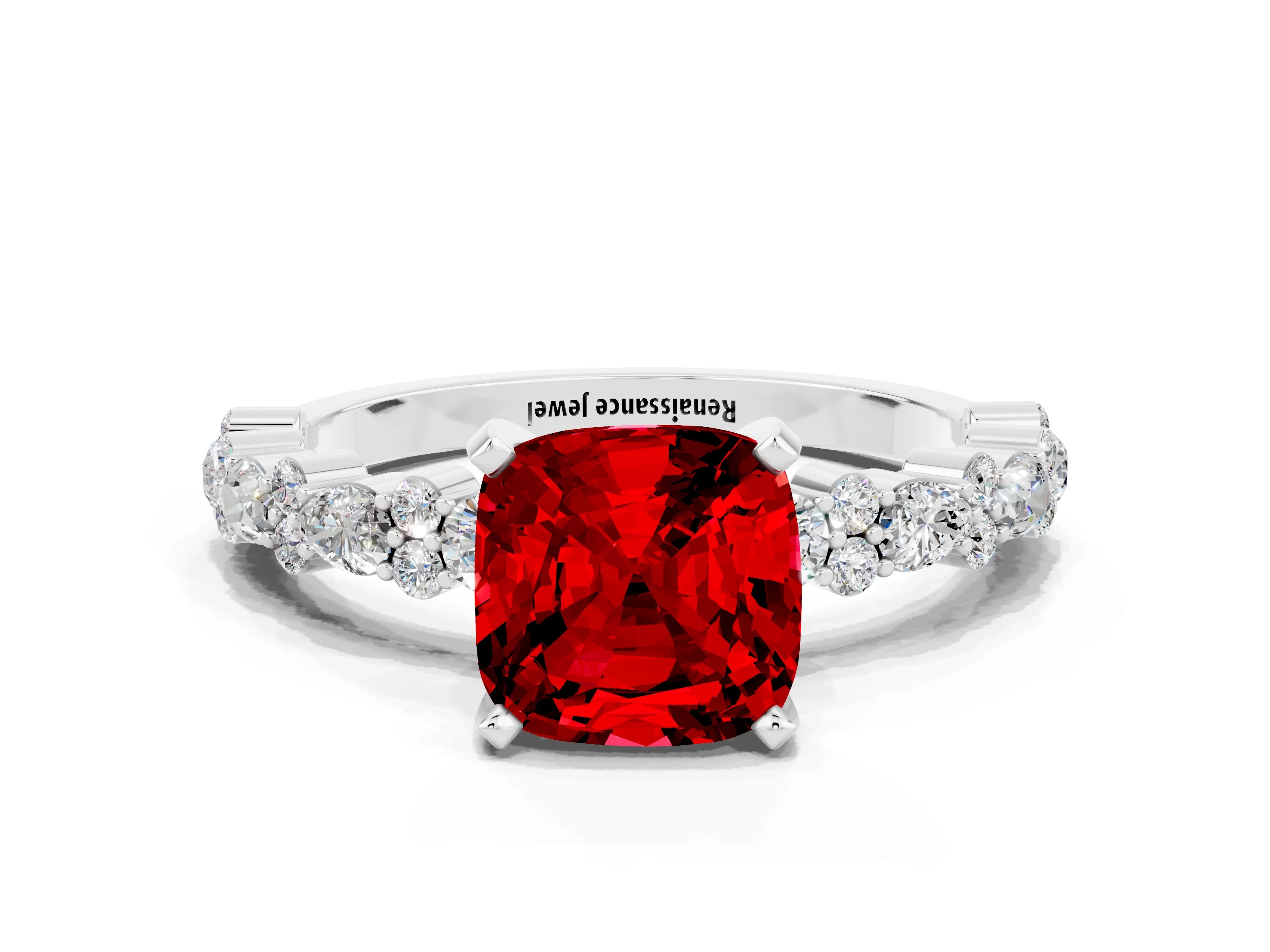 White gold Cushion Cut Ruby Solitaire with Side Stones, Pave Band, Four-Prong Setting_36