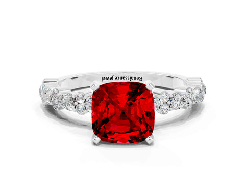 White gold Cushion Cut Ruby Solitaire with Side Stones, Pave Band, Four-Prong Setting_36