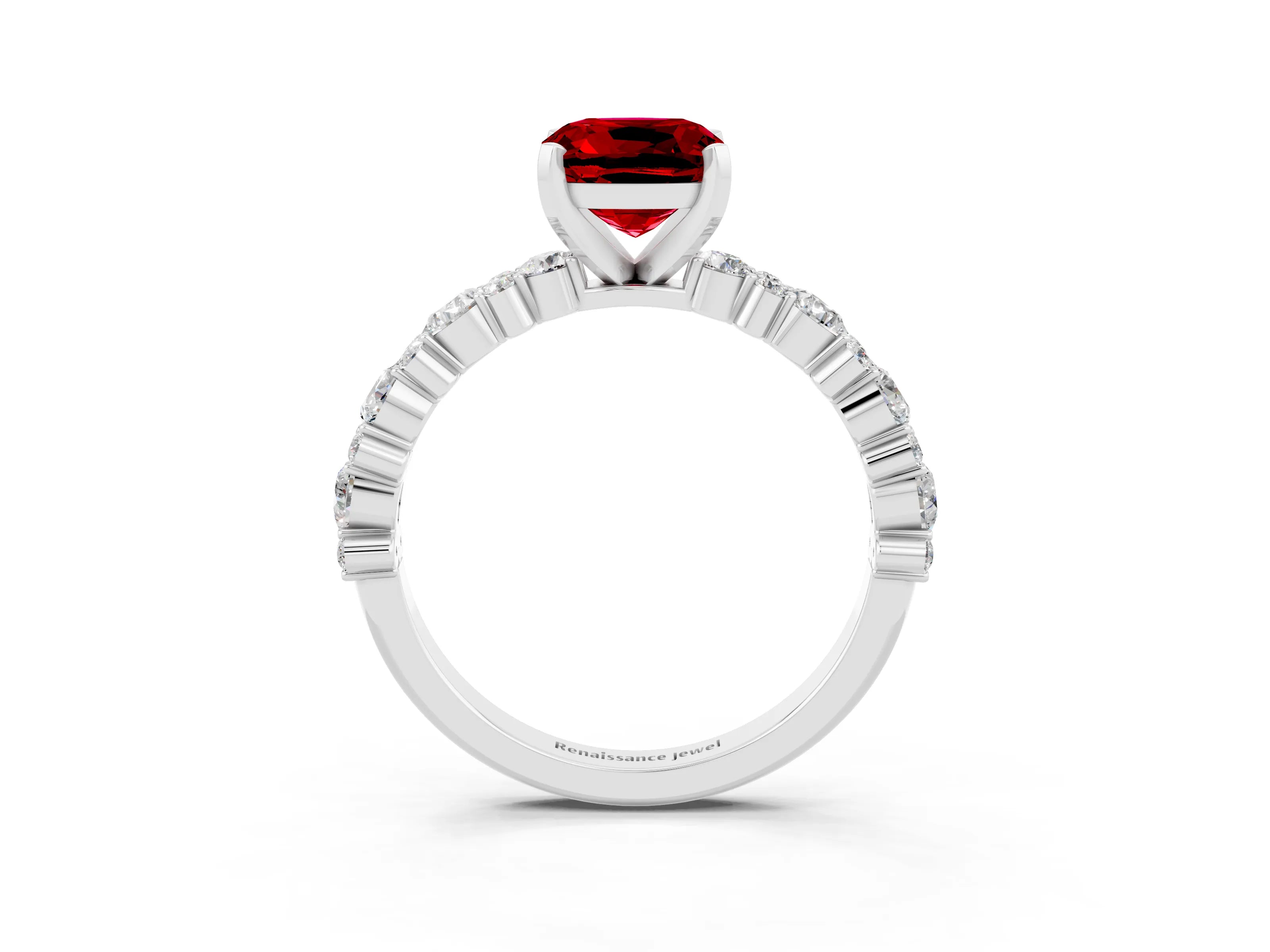 White gold Cushion Cut Ruby Solitaire with Side Stones, Pave Band, Four-Prong Setting_39