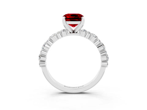 White gold Cushion Cut Ruby Solitaire with Side Stones, Pave Band, Four-Prong Setting_39