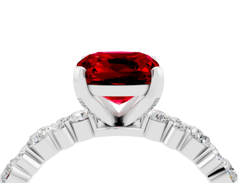 White gold Cushion Cut Ruby Solitaire with Side Stones, Pave Band, Four-Prong Setting_40