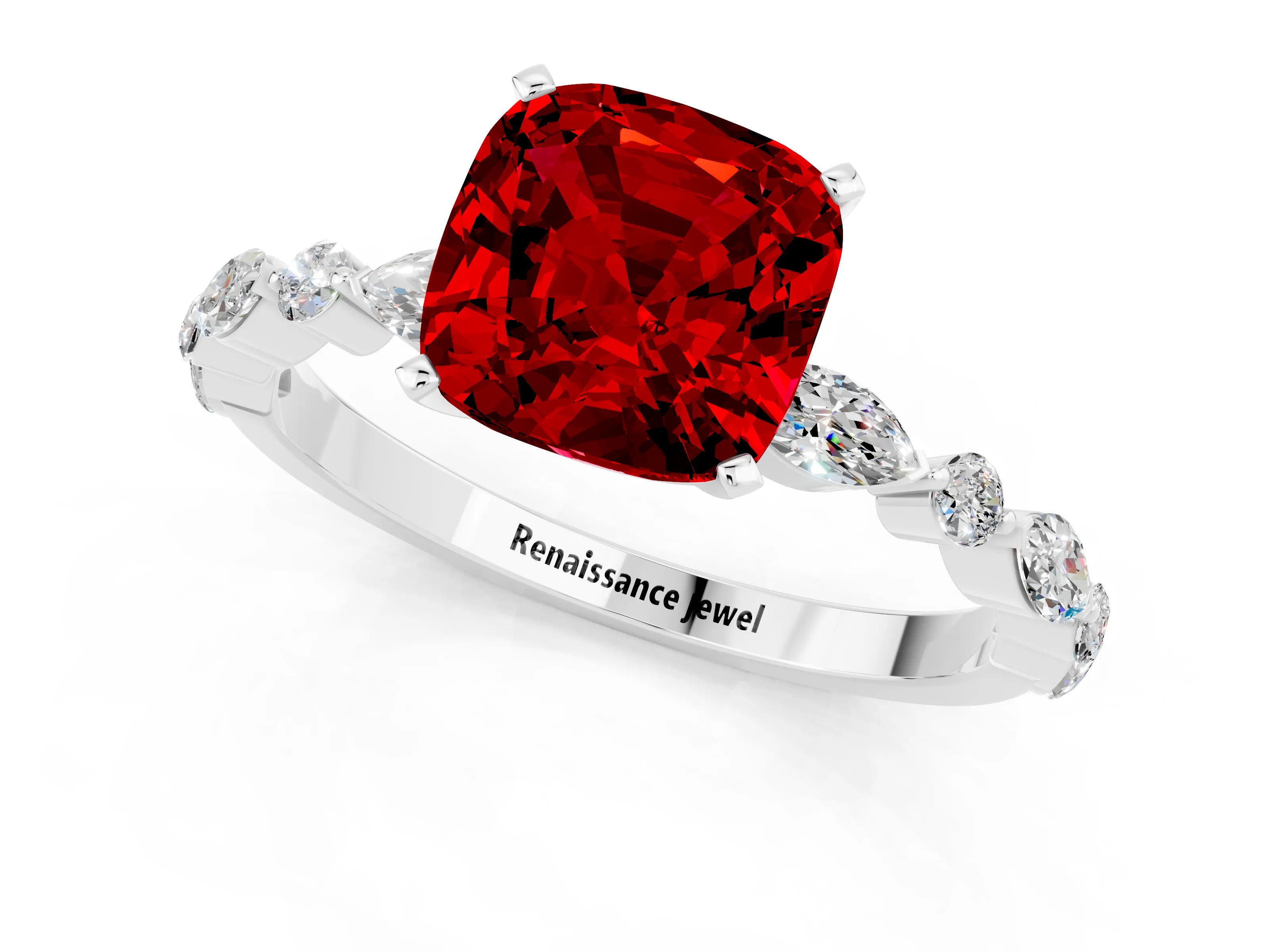 White gold Cushion Cut Ruby Solitaire with Side Stones on a Pavé Band and Four-Prong Setting_1