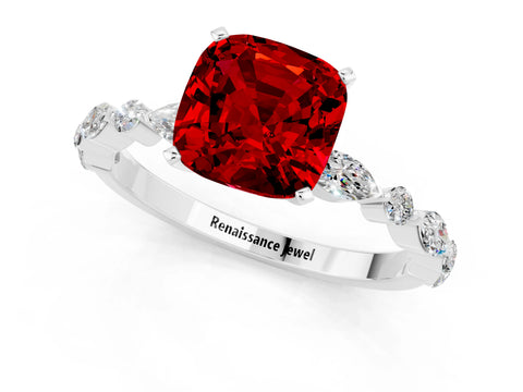 White gold Cushion Cut Ruby Solitaire with Side Stones on a Pavé Band and Four-Prong Setting_1