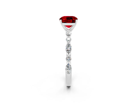 White gold Cushion Cut Ruby Solitaire with Side Stones on a Pavé Band and Four-Prong Setting_2