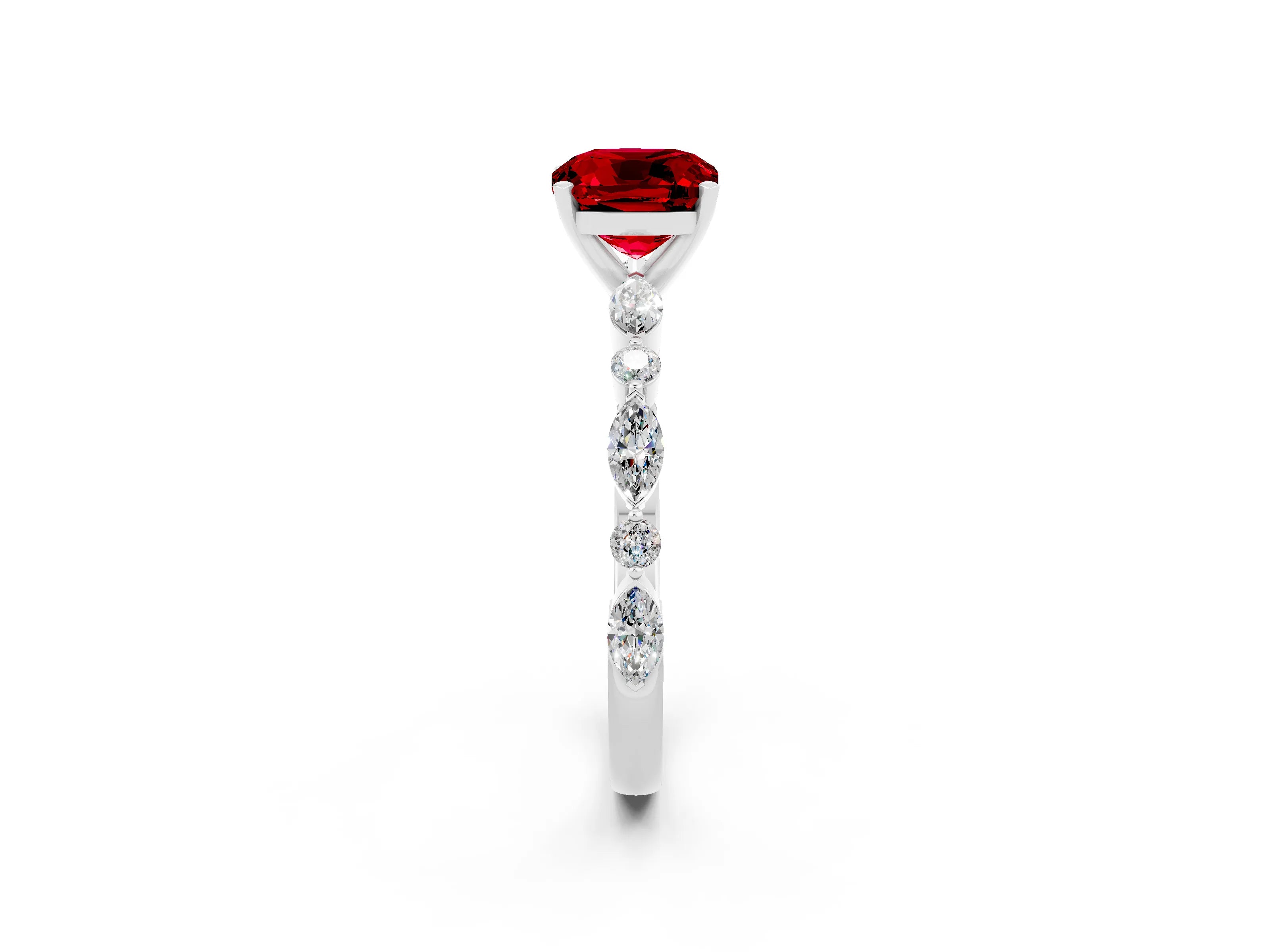 White gold Cushion Cut Ruby Solitaire with Side Stones on a Pavé Band and Four-Prong Setting_2