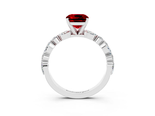White gold Cushion Cut Ruby Ring with Marquise and Round  Side Stones and Four-Prong Setting