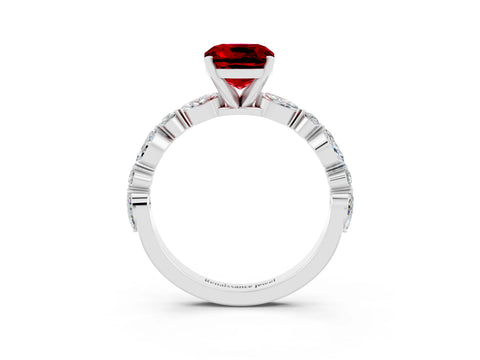 White gold Cushion Cut Ruby Solitaire with Side Stones on a Pavé Band and Four-Prong Setting_3