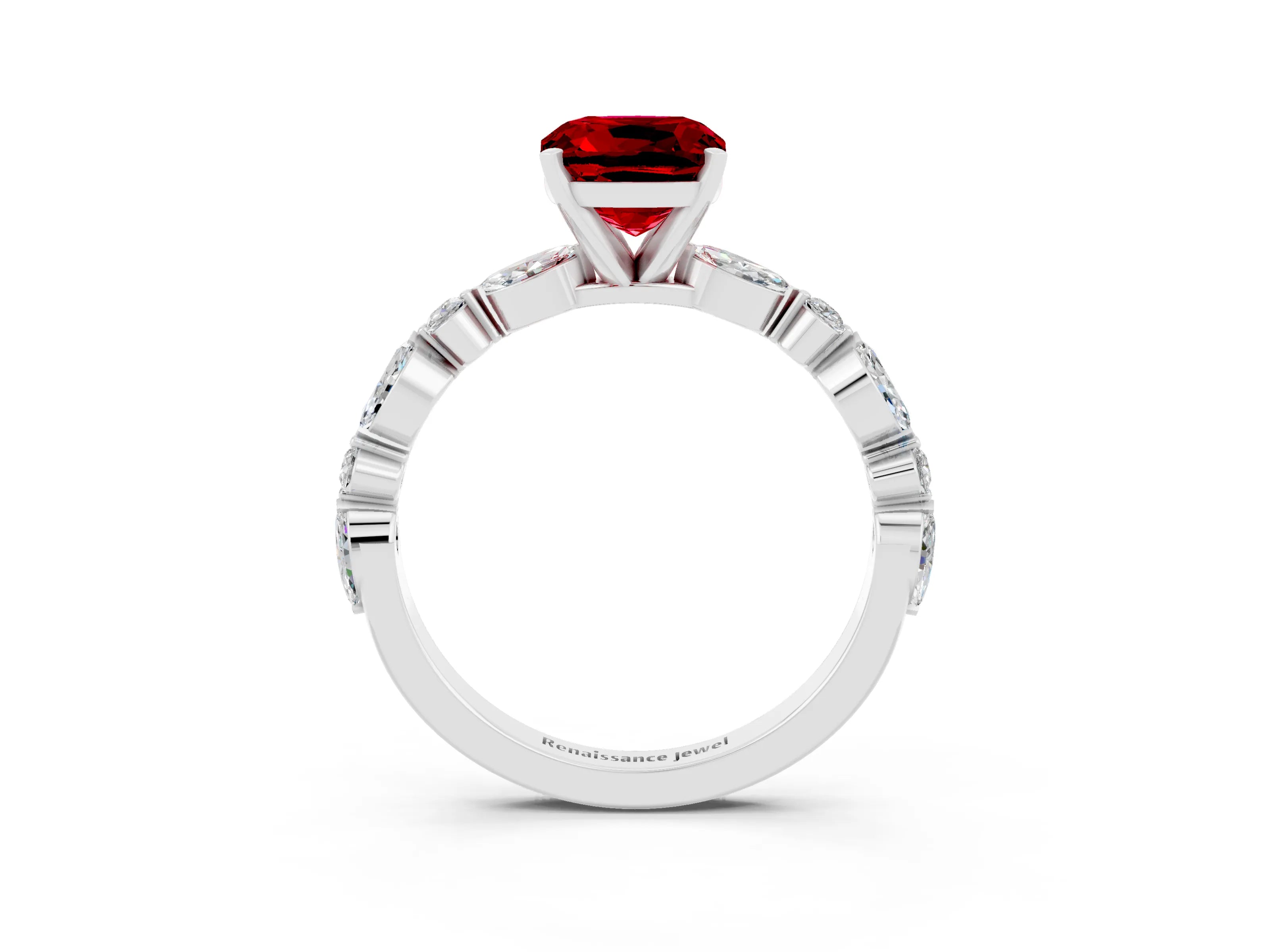 White gold Cushion Cut Ruby Solitaire with Side Stones on a Pavé Band and Four-Prong Setting_3