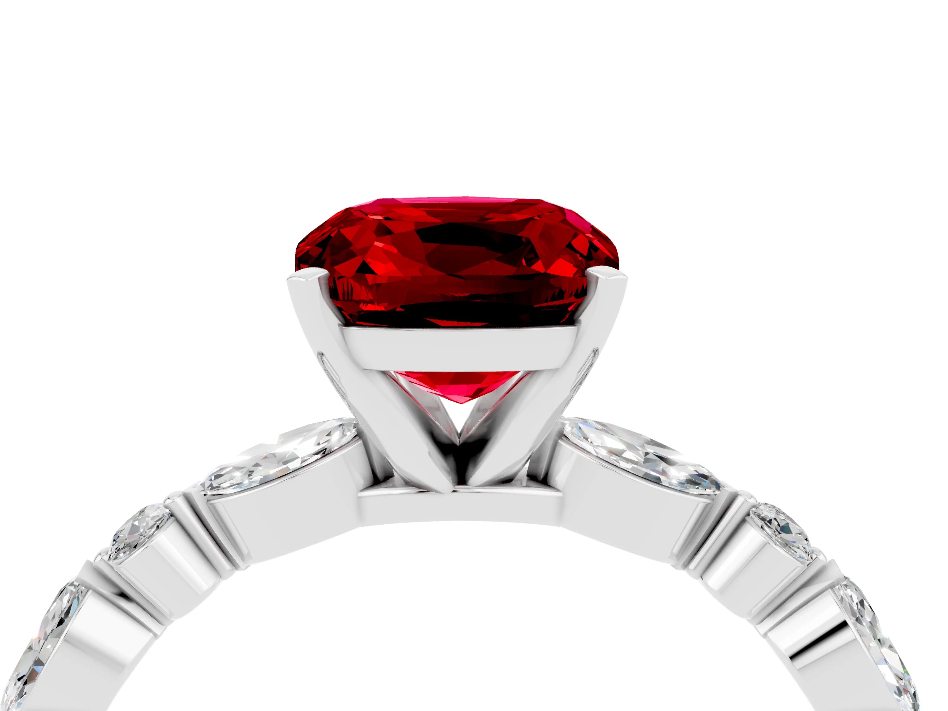 White gold Cushion Cut Ruby Solitaire with Side Stones on a Pavé Band and Four-Prong Setting_4