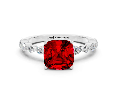 White gold Cushion Cut Ruby Solitaire with Side Stones on a Pavé Band and Four-Prong Setting