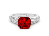 White gold Cushion Cut Ruby Split Shank Engagement Ring with Pavé Band