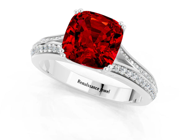 White gold Cushion Cut Ruby Split Shank Engagement Ring with Pavé Band
