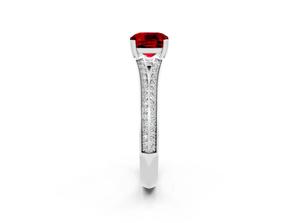 Silver Cushion Cut Ruby Split Shank Engagement Ring with Pavé Band