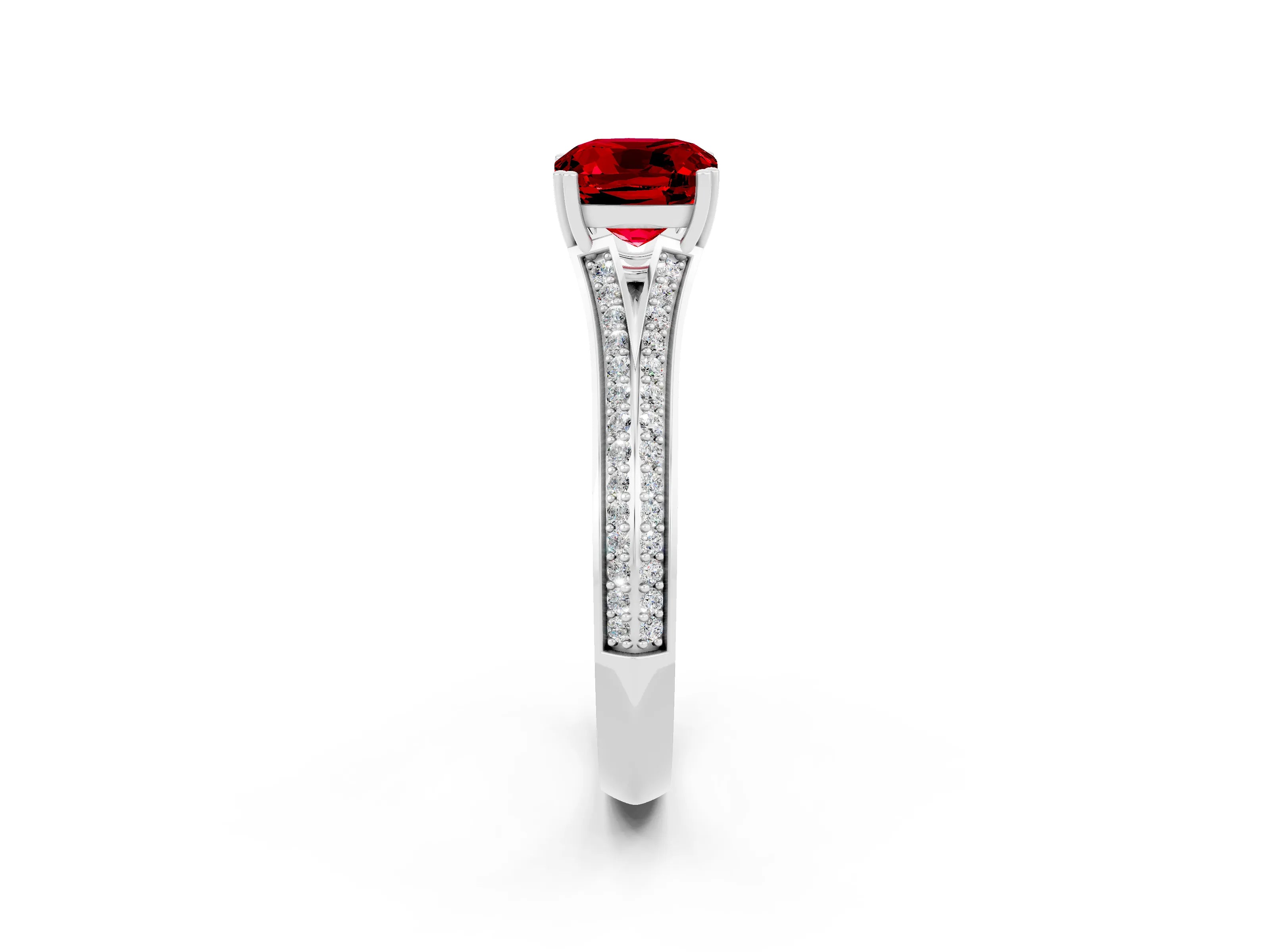 White gold Cushion Cut Ruby Split Shank Engagement Ring with Pavé Band_2