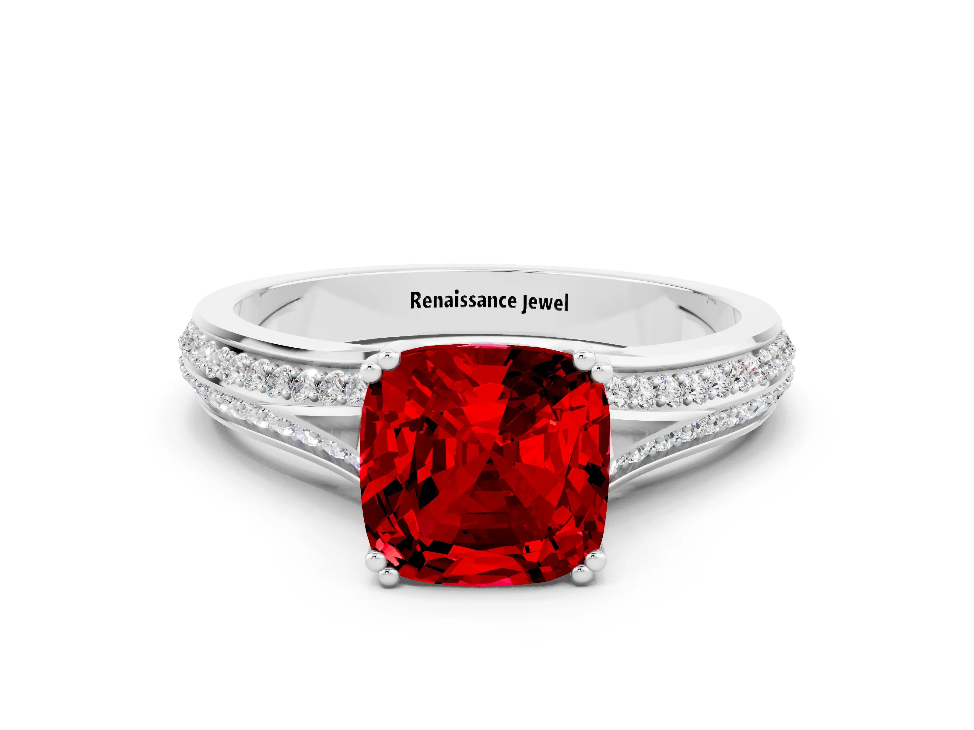 White gold Cushion Cut Ruby Split Shank Engagement Ring with Pavé Band