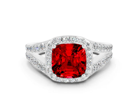 White gold Cushion Cut Ruby Split Shank Halo Ring with Four-Prong Setting_12