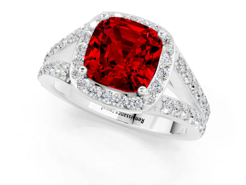 White gold Cushion Cut Ruby Split Shank Halo Ring with Four-Prong Setting_13