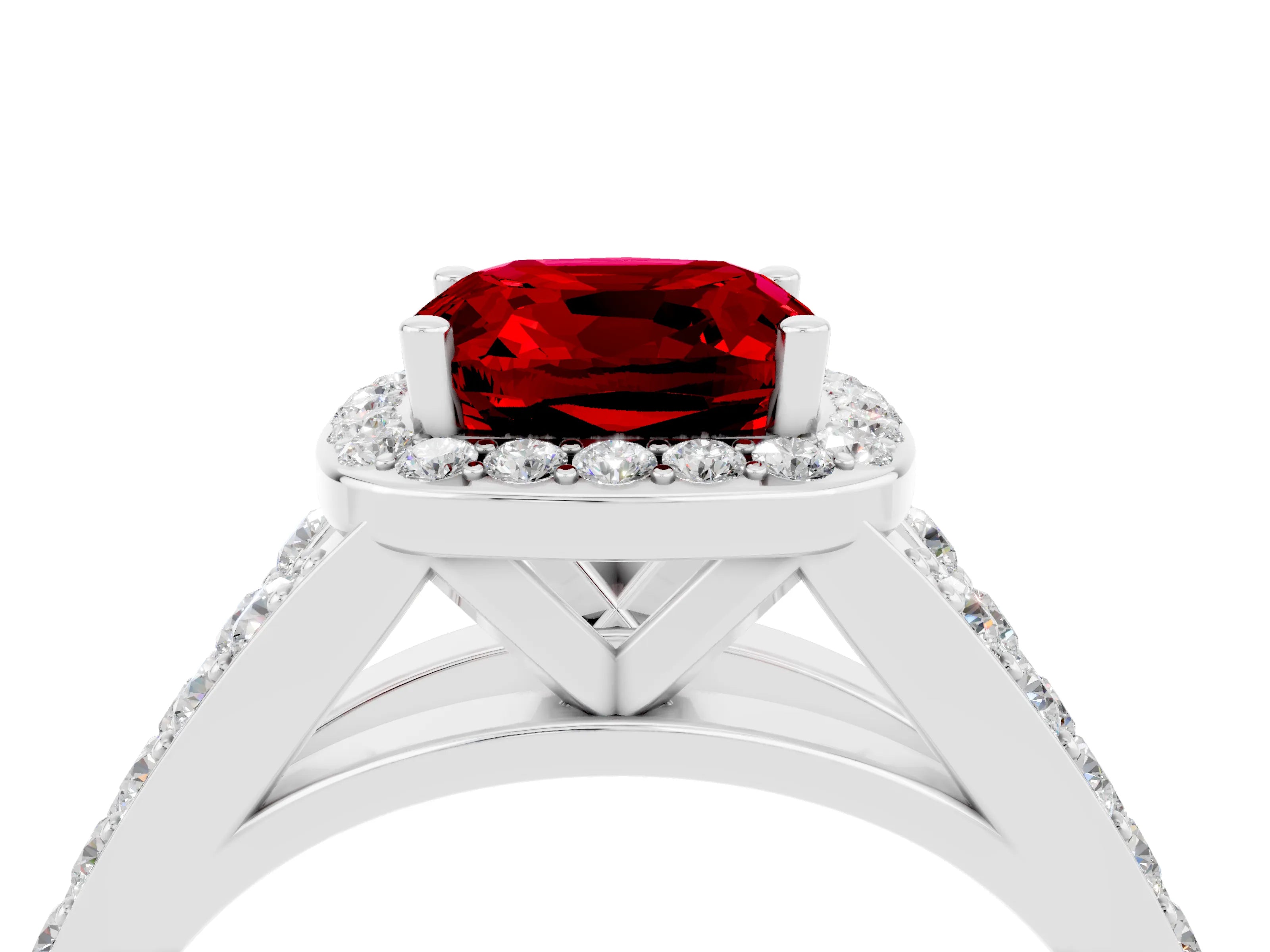White gold Cushion Cut Ruby Split Shank Halo Ring with Four-Prong Setting_16