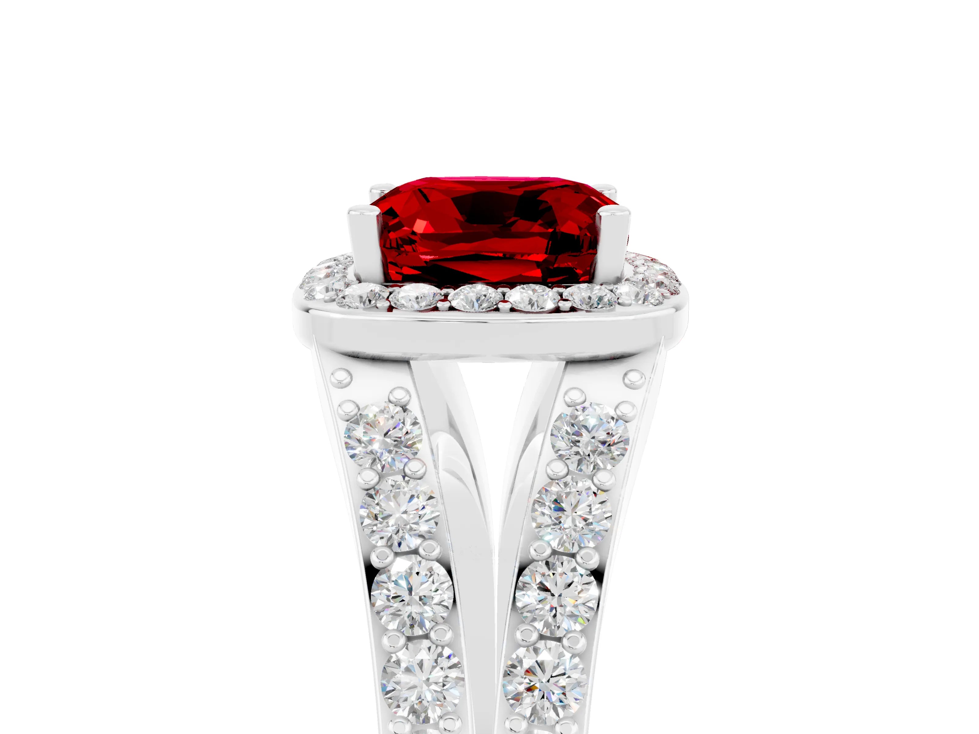White gold Cushion Cut Ruby Split Shank Halo Ring with Four-Prong Setting_17