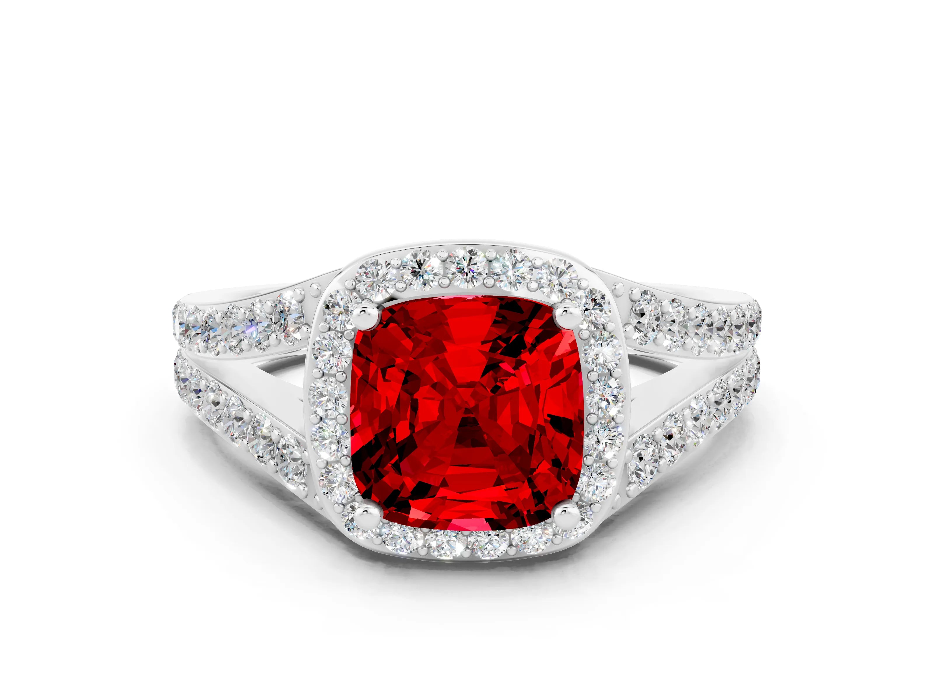 White gold Cushion Cut Ruby Split Shank Halo Ring with Four-Prong Setting_24