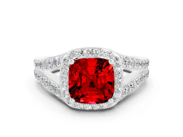 White gold Cushion Cut Ruby Split Shank Halo Ring with Four-Prong Setting