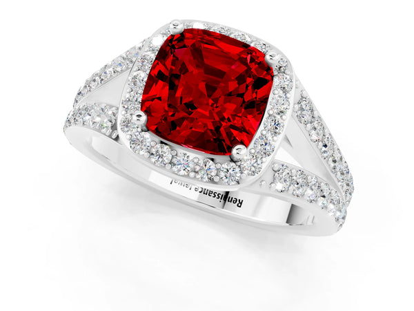 White gold Cushion Cut Ruby Split Shank Halo Ring with Four-Prong Setting