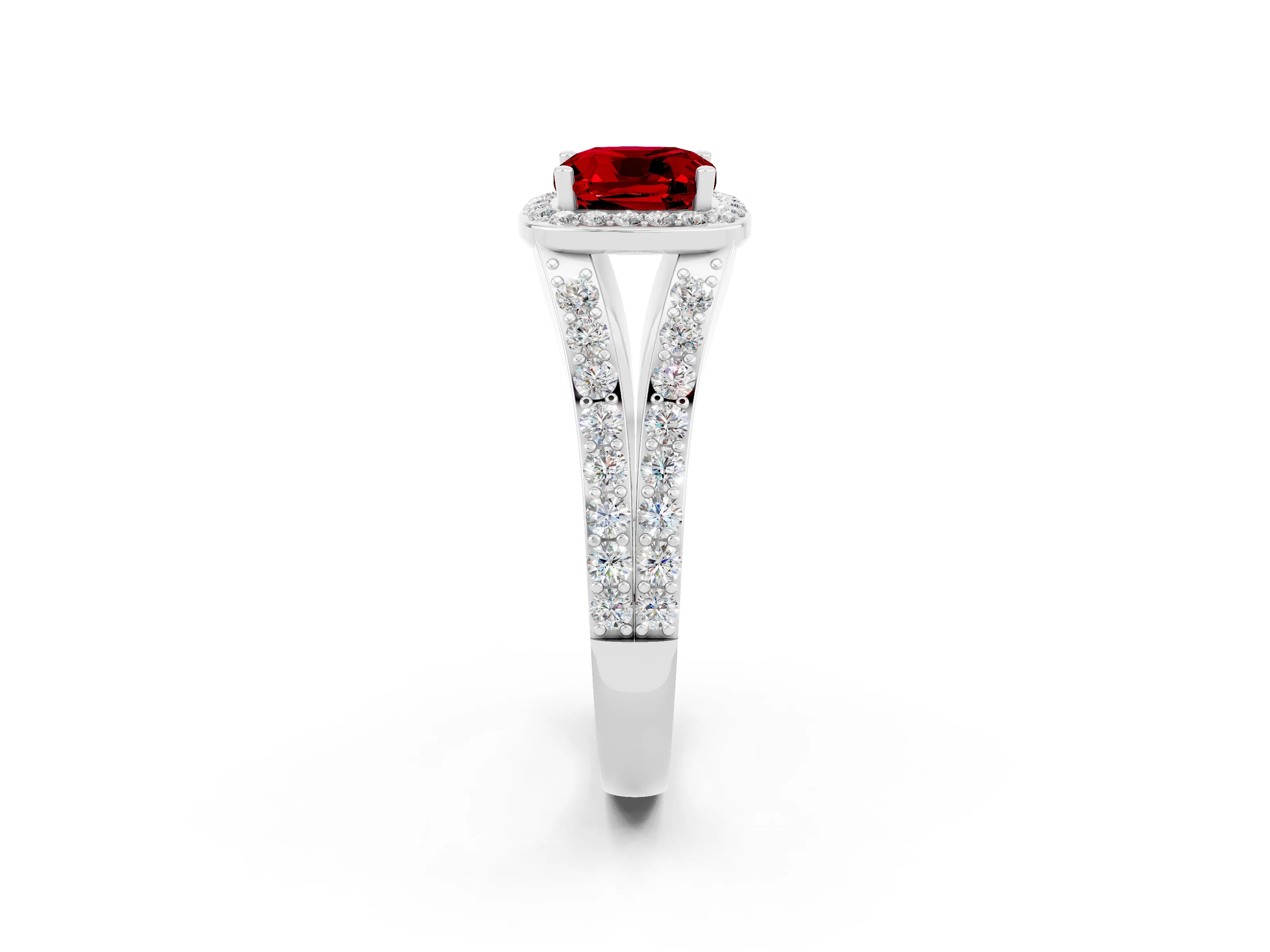 White gold Cushion Cut Ruby Split Shank Halo Ring with Four-Prong Setting_26