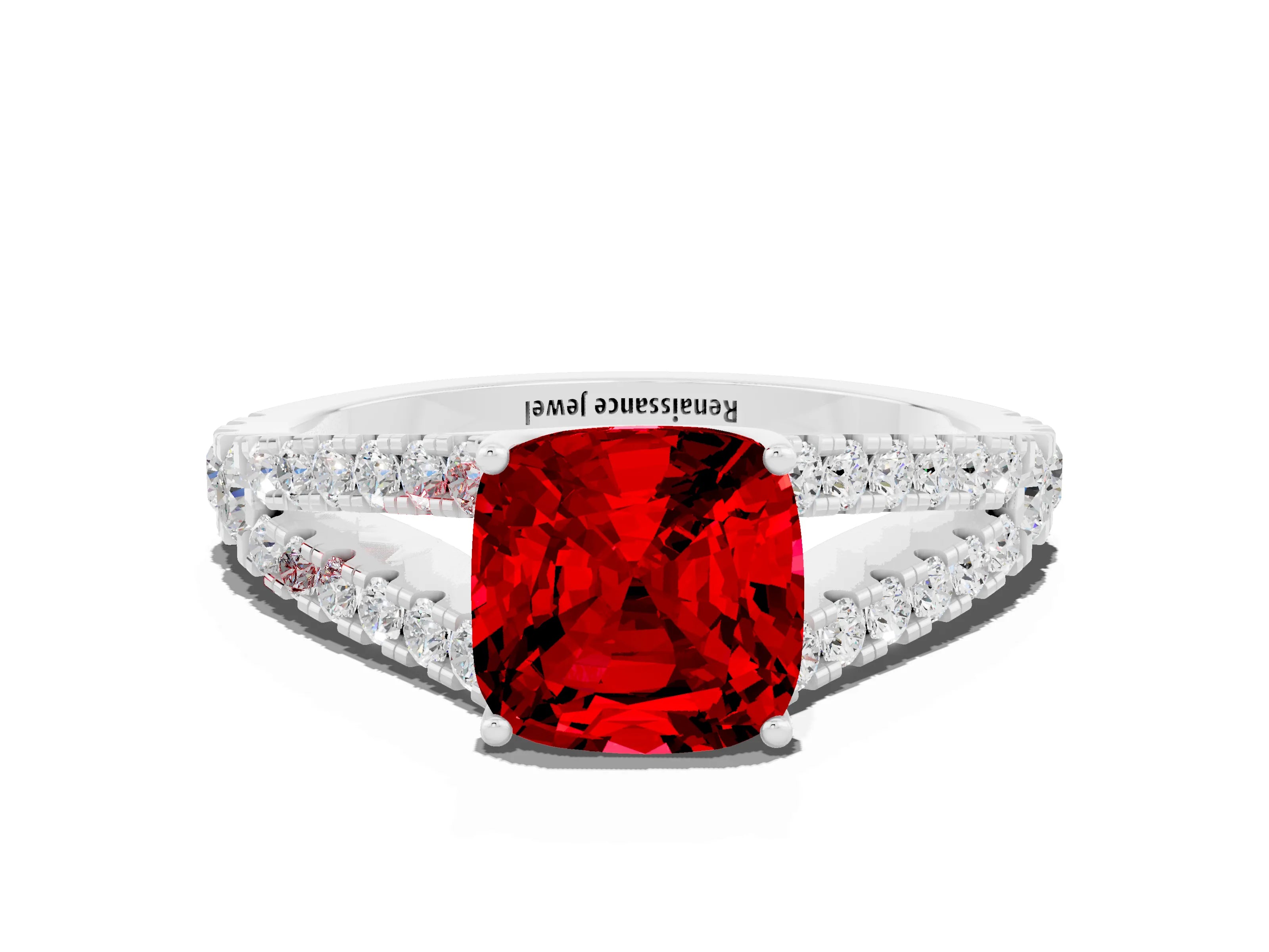 White gold Cushion Cut Ruby Split Shank Pavé Engagement Ring with Four-Prong Setting_12