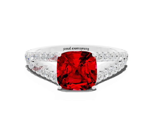 White gold Cushion Cut Ruby Split Shank Pavé Engagement Ring with Four-Prong Setting