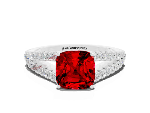 White gold Cushion Cut Ruby Split Shank Pavé Engagement Ring with Four-Prong Setting_12