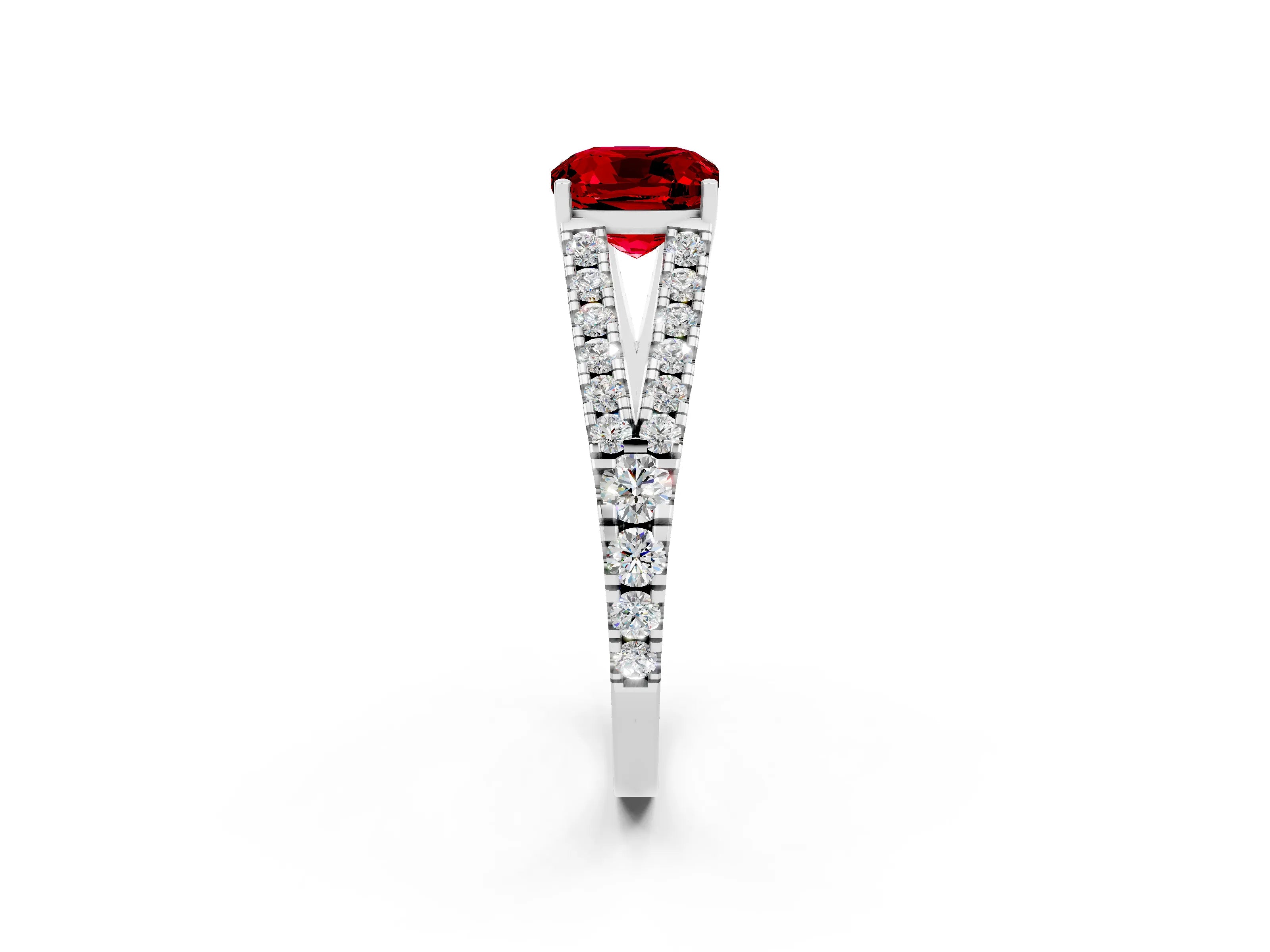 White gold Cushion Cut Ruby Split Shank Pavé Engagement Ring with Four-Prong Setting_14