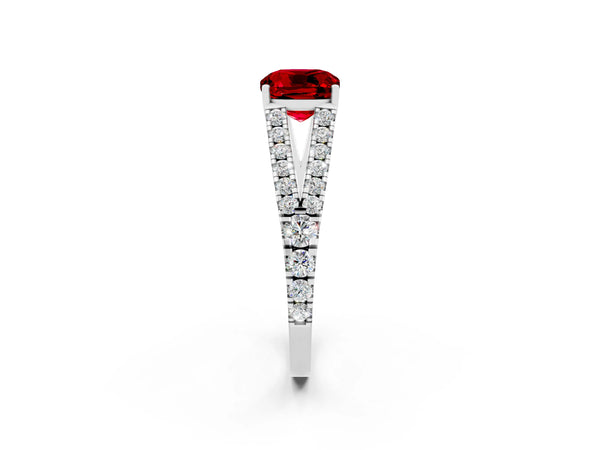 Platinum Cushion Cut Ruby Split Shank Pavé Engagement Ring with Four-Prong Setting