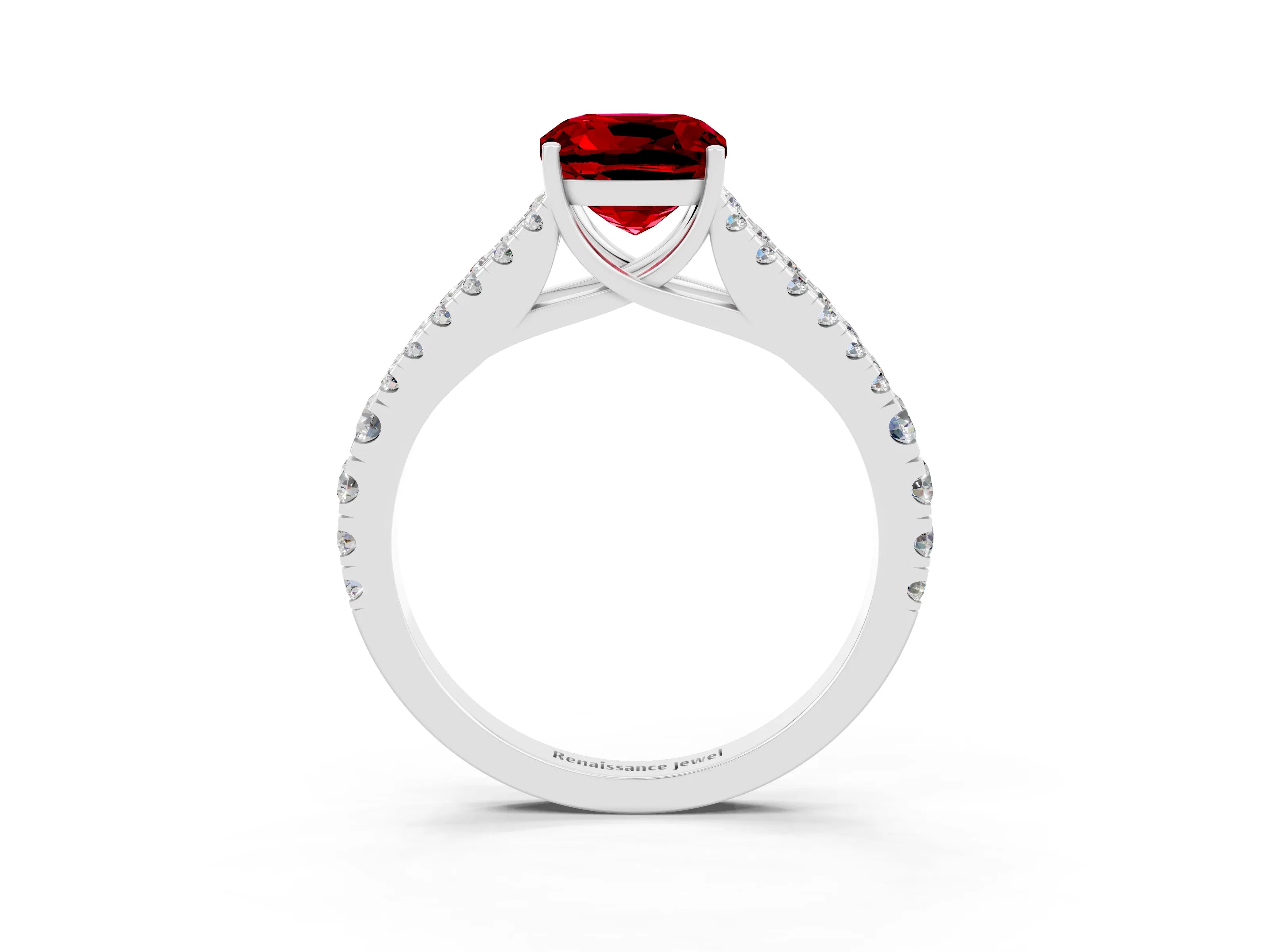 White gold Cushion Cut Ruby Split Shank Pavé Engagement Ring with Four-Prong Setting_15