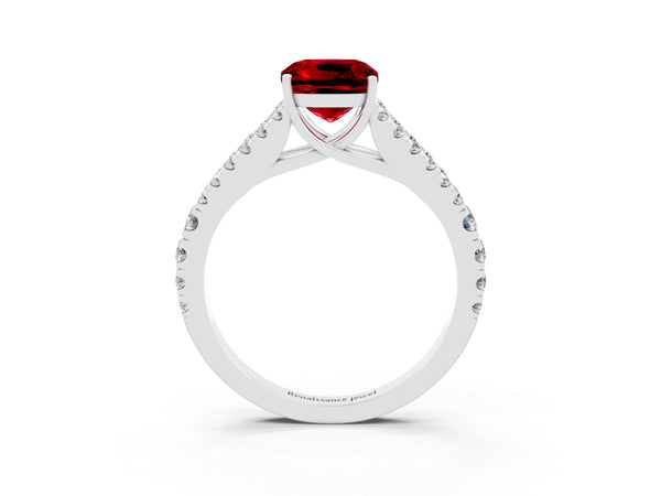 Platinum Cushion Cut Ruby Split Shank Pavé Engagement Ring with Four-Prong Setting
