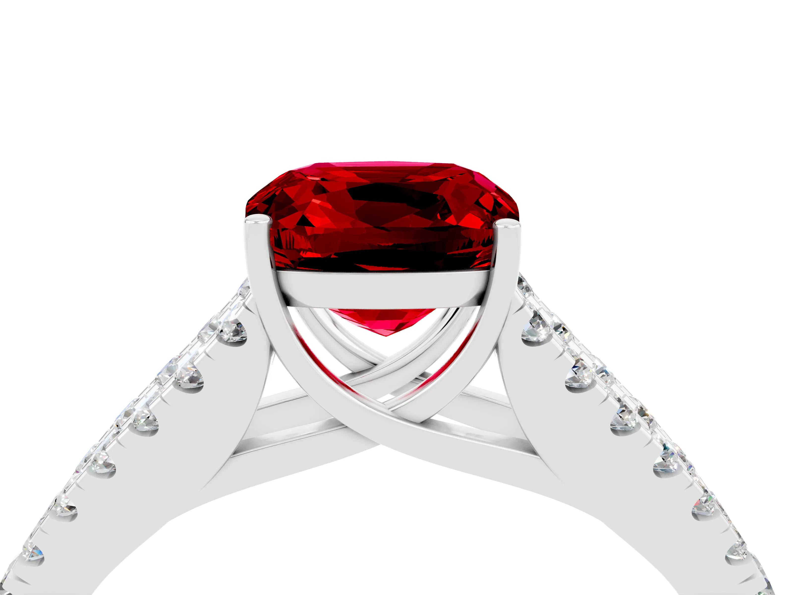 White gold Cushion Cut Ruby Split Shank Pavé Engagement Ring with Four-Prong Setting_16