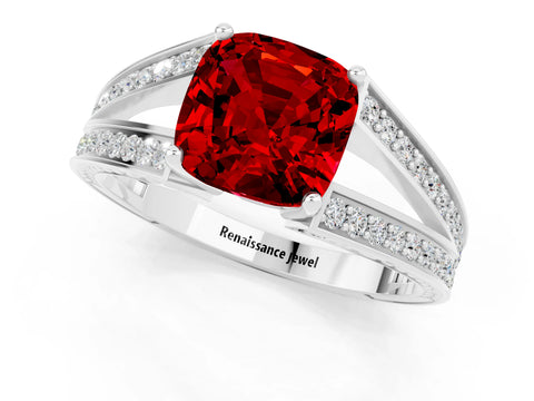White gold Cushion Cut Ruby Split Shank Ring with Pavé Band and Four-Prong Setting_1